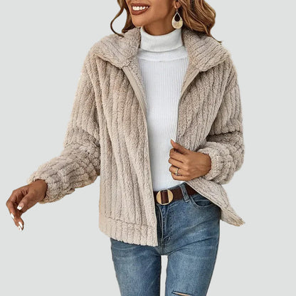 Veste teddy zippée douce, coloris crème, vue de face