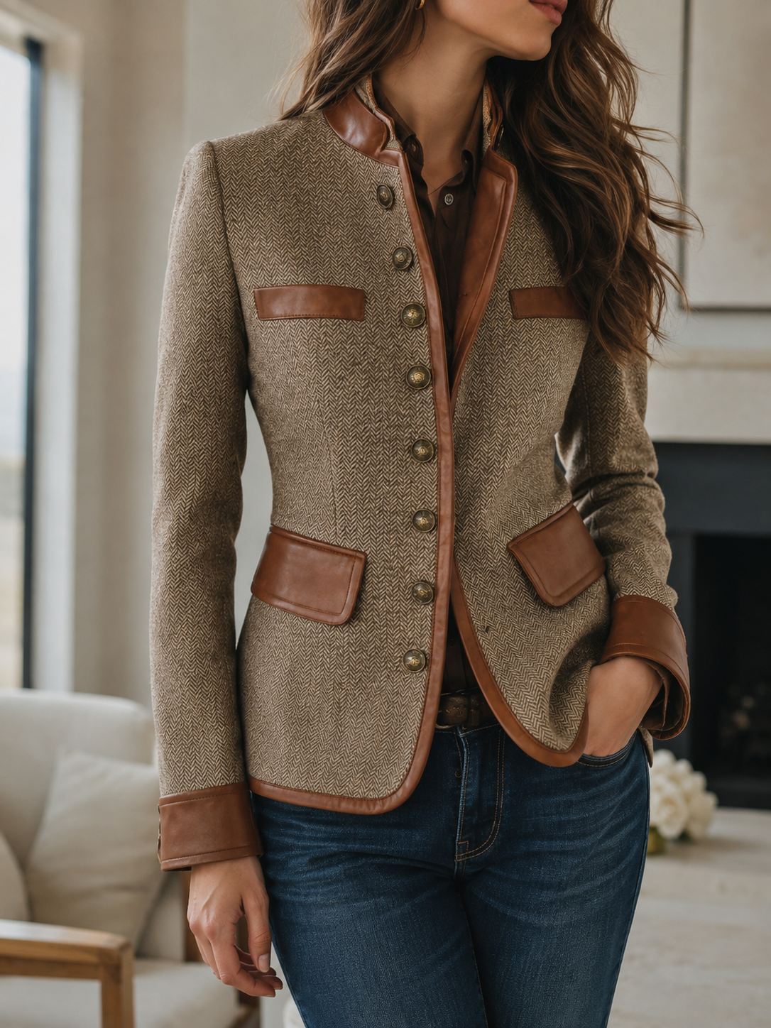 Veste tweed bordures contrastées pour femme, coloris marron