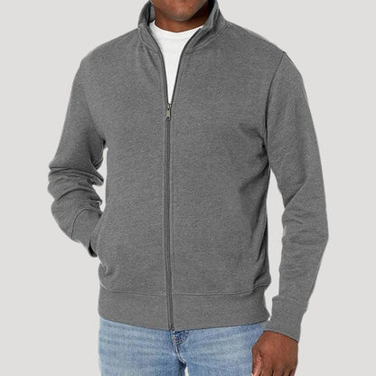 Veste zippée unie gris chiné portée sur un t-shirt blanc, vue de face