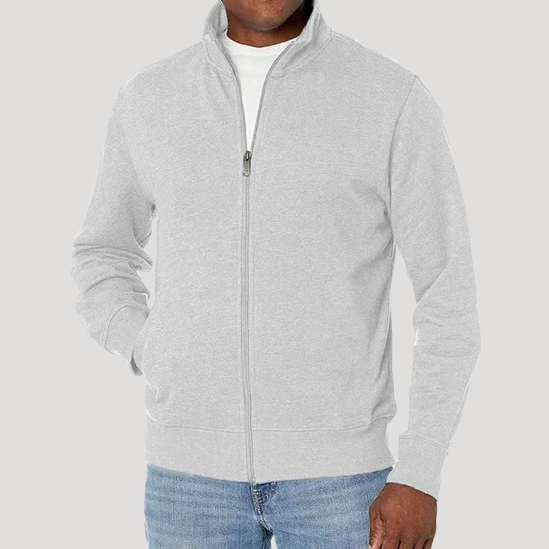Veste zippée unie gris très clair portée sur un t-shirt blanc, vue de face