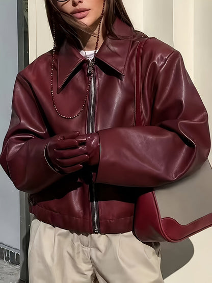 Veste zippée col rabattu, coloris bordeaux, porté en tenue, vue 3