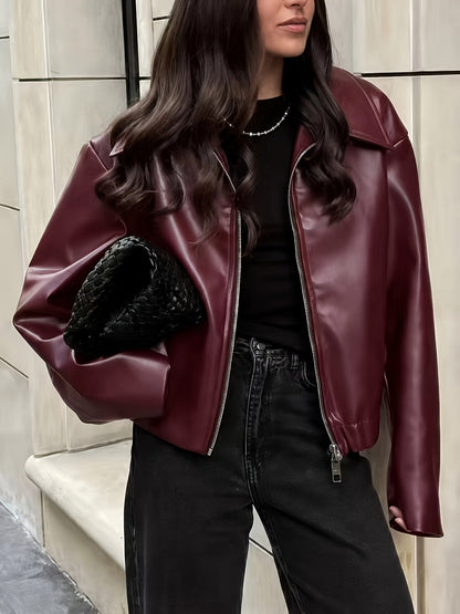 Veste zippée col rabattu, coloris bordeaux, porté en tenue, vue 2