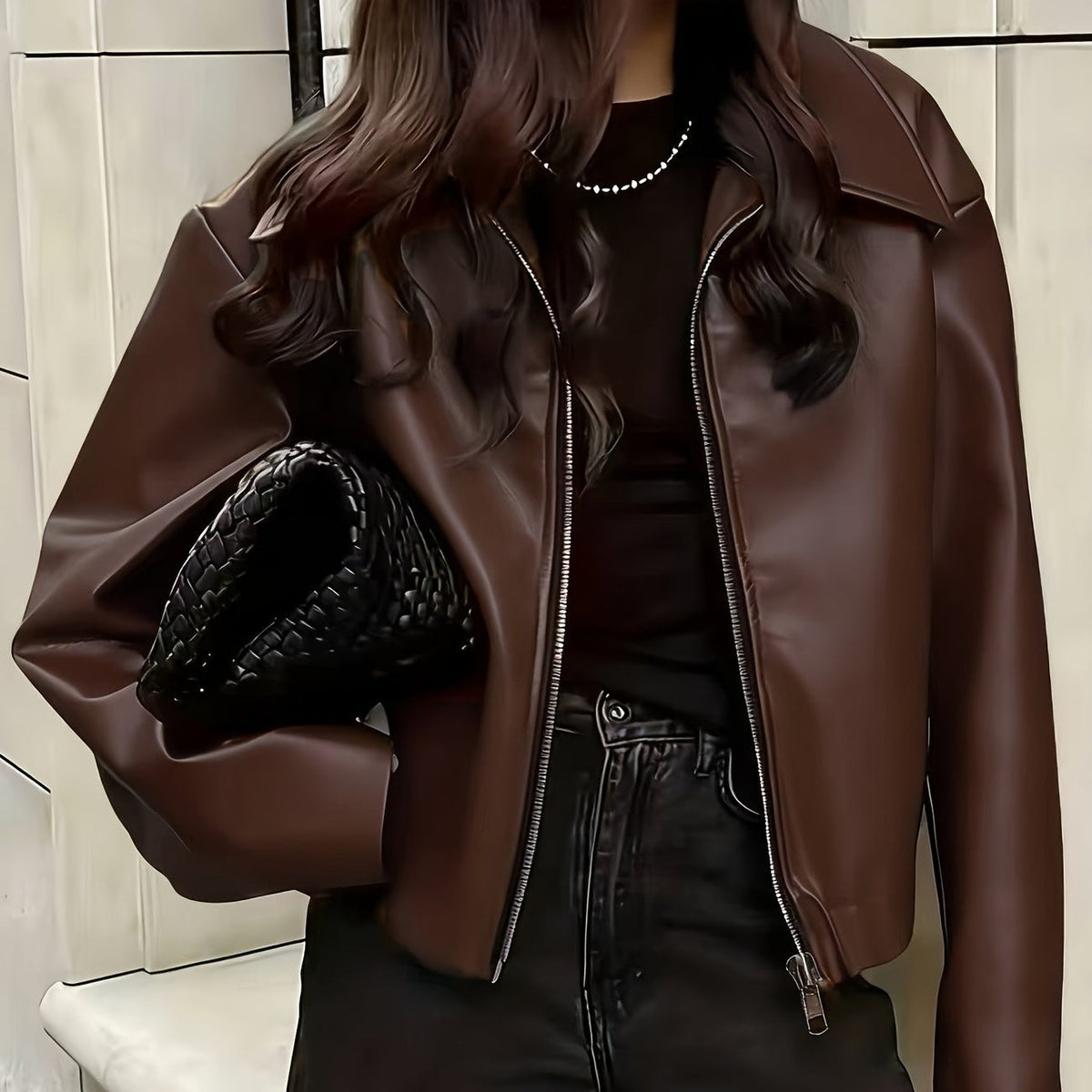 Veste zippée col rabattu, coloris marron foncé, porté en tenue, vue 3