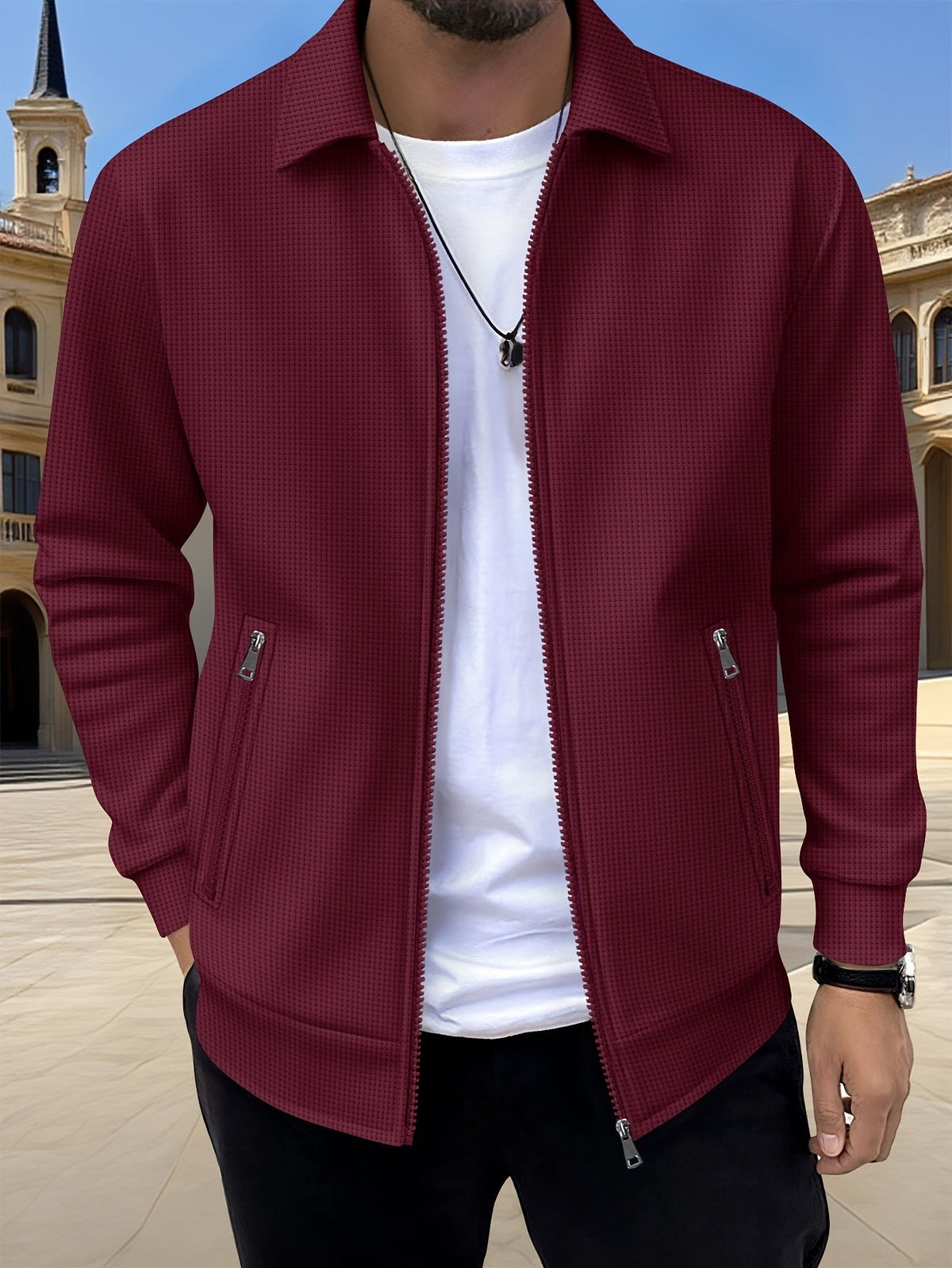 Veste zippée texturée, bordeaux