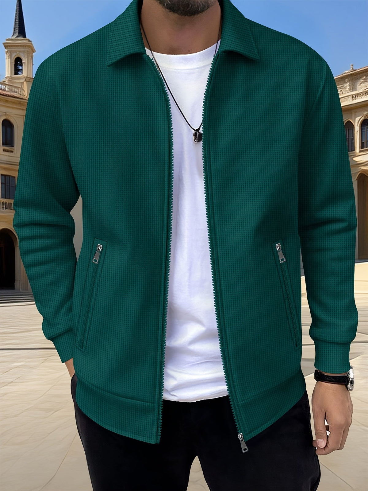 Veste zippée texturée, vert foncé