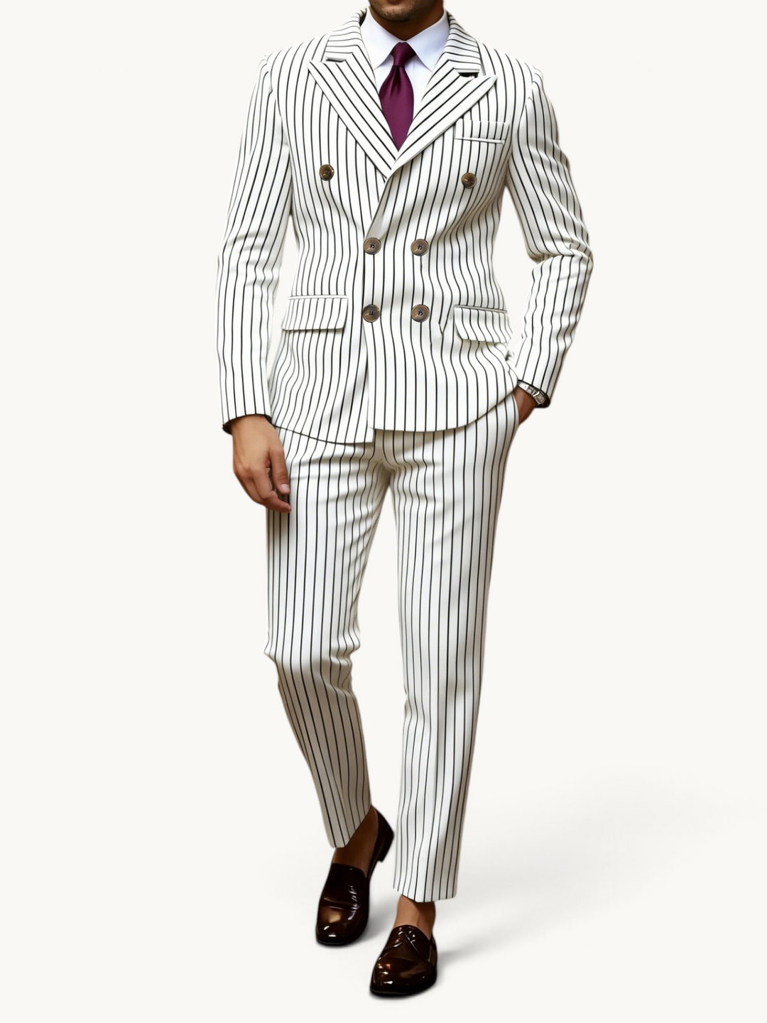 Costume blanc à fines rayures noires, veste croisée et pantalon, porté en pied