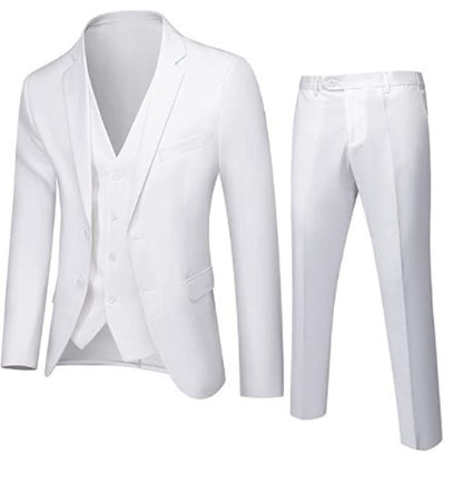 Costume blanc ajusté présenté à plat avec veste, gilet et pantalon